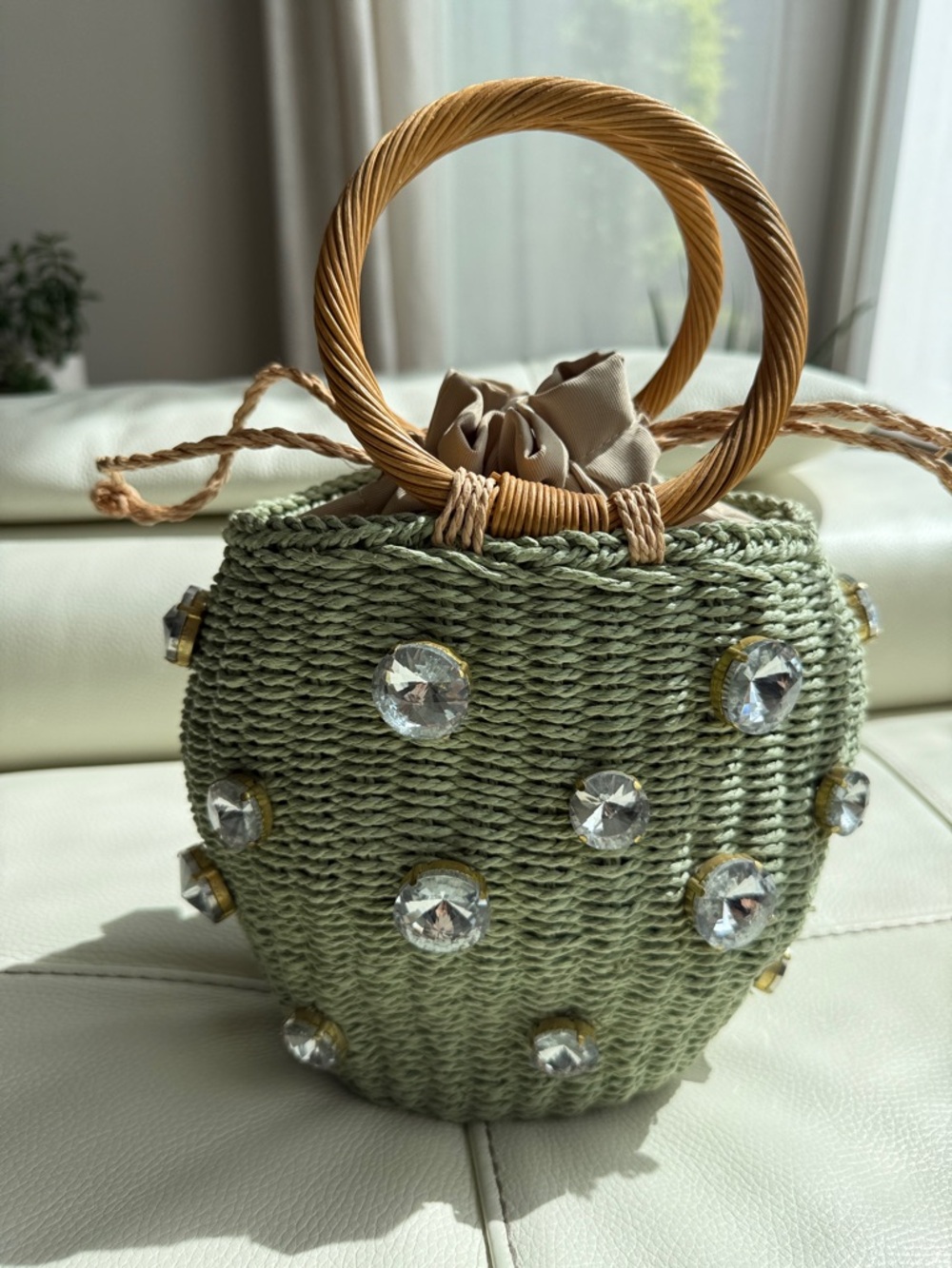 Zara Rhinestone Crystal Embellished Mini Straw Bucket Bag- - Picture 15 of 17
